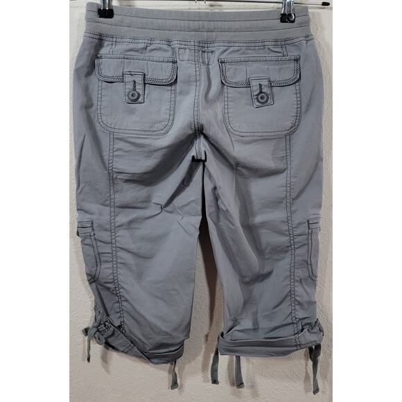 Decree Gray Drawstring Waist Capri Pants 0 Roll Tab Tie Legs Pockets Lightweight - Picture 2 of 7